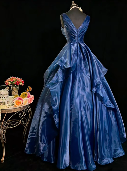 Vintage Sleeveless V Neck Ball Gown Navy Blue Tulle Appliques Evening Gown Prom Dress SP2376