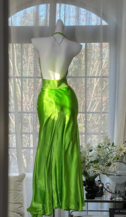 Pretty Green Halter Satin Backless Mermaid Long Evening Dress Birthday Prom Dress SP1667
