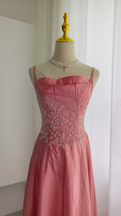 Glamorous Spaghetti Straps Pink Satin Beaded Long Party Dress Formal Wedding Guest Dress SP2325