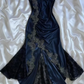 Vintage Navy Blue Satin Lace Appliques Mermaid Evening Dress Prom Dress Y8497