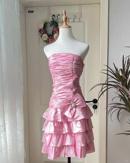Cute Pink Satin Pleated Layered Short Homecoming Dress Birthday Outfits Y9917