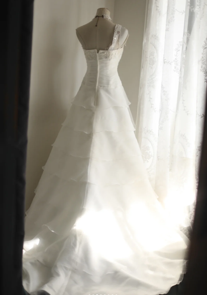 White One Shoulder Organza Beaded Sequin Layered Mermaid Wedding Dress Elegant Long Bridal Dress SP1242