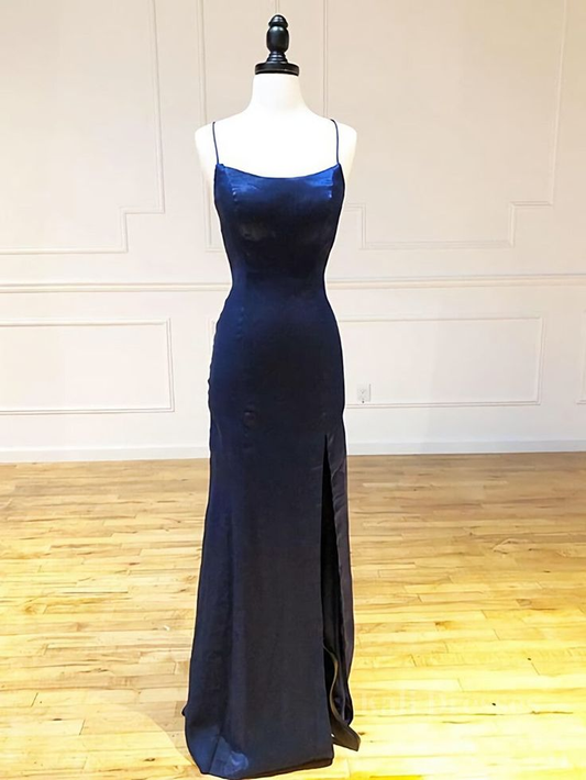 Backless Dark Navy Blue Long Prom Dresses, Dark Navy Blue Formal Graduation Evening Dresses Y7432