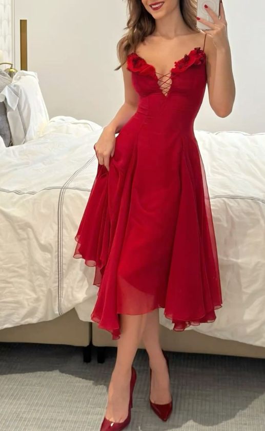 Charming Red Spaghetti Straps Chiffon A Line Long Evening Dress Formal Guest Dress SP267