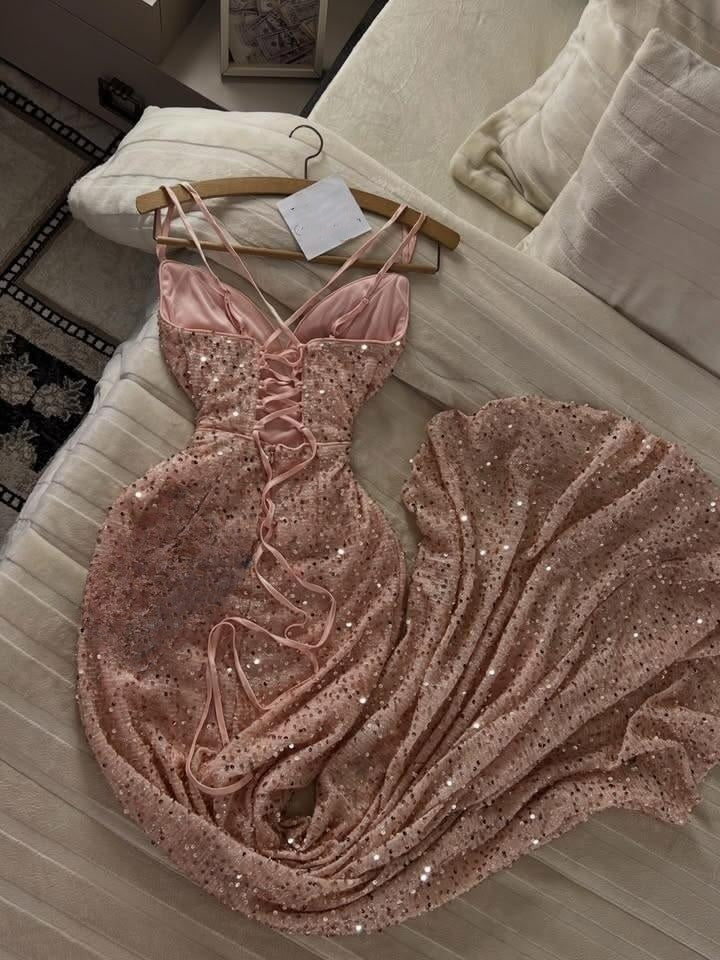 Elegant Spaghetti Straps Pink Sequin Slit Mermaid Party Dress Long Wedding Guest Dress SP2680