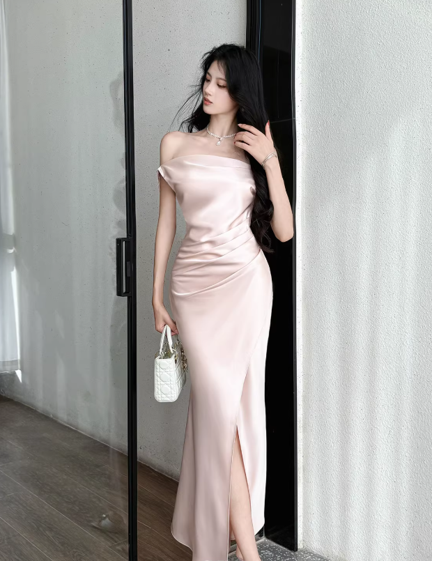 Fashion Off The Shoulder Pink Satin Mermaid Party Dress Long Wedding Guest Dress SP1983