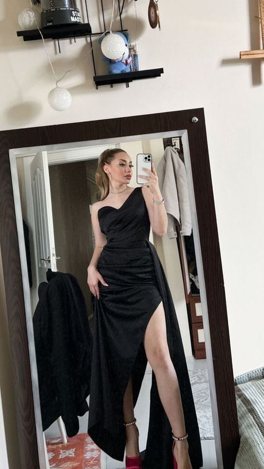 Elegant Black One Shoulder Prom Dress,Black Evening Dress  Y5782
