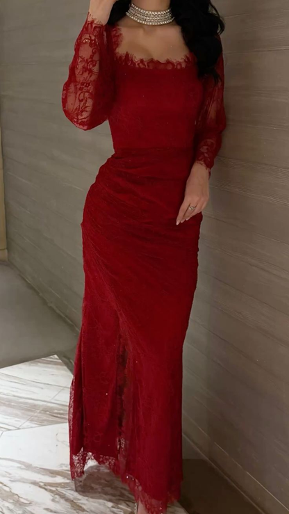 Sexy Square Neck Red Lace Mermaid Evening Dress Long Wedding Guest Dress SP1194