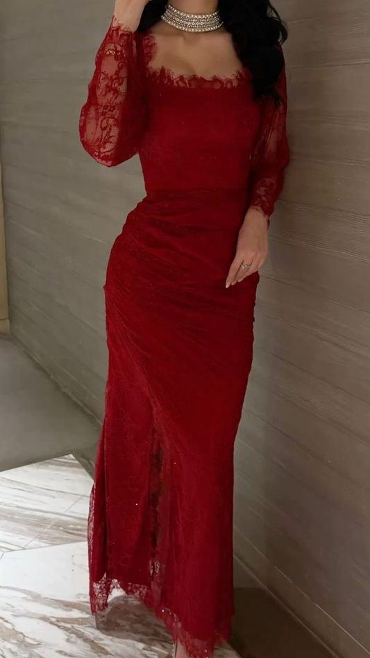Sexy Square Neck Red Lace Mermaid Evening Dress Long Wedding Guest Dress SP1194
