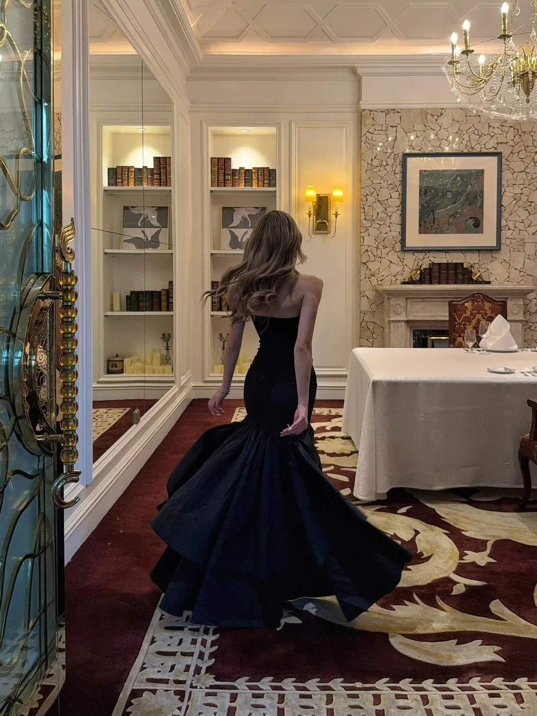 Sexy Strapless Black Satin With Ruffles Mermaid Long Birthday Party Gown Evening Dresses SP4112