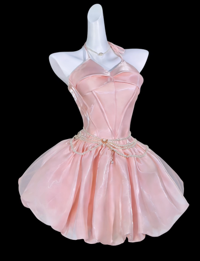 Cute Pink Halter Satin Tulle A Line Short Homecoming Dress Birthday Outfits SP3540