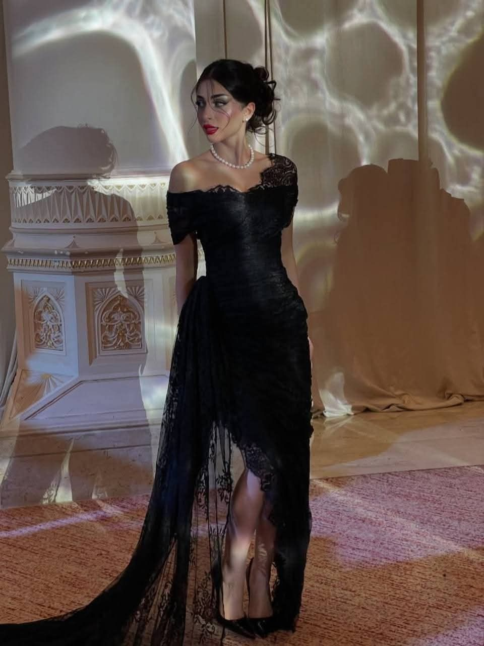 Fashion Off The Shoulder Black Lace Pleated Mermaid Long Wedding Guest Dress Party Dress SP1344