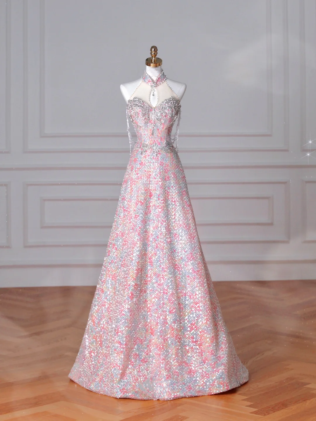 Gorgeous Pink Sequin Beaded ALine Prom Dress Evening Dress Y8637