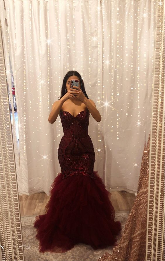 Burgundy tulle sequins long mermaid prom dress evening dress Y6351