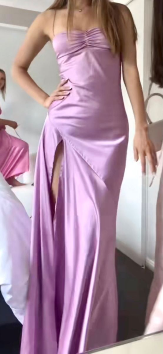 Elegant Lilac Silk Satin Evening Prom Dress With Split  Y7331