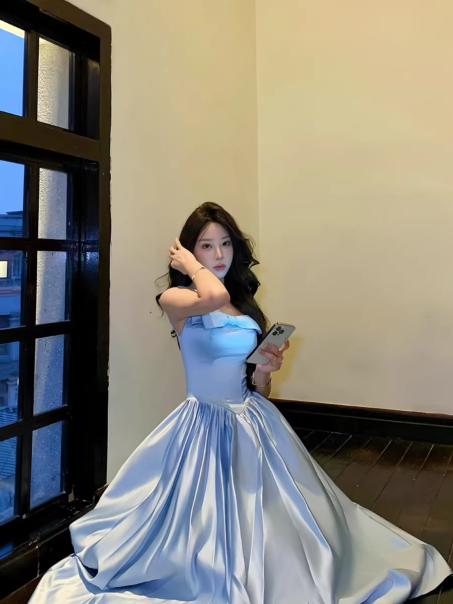 Cute Blue Bow Satin A Line Long Evening Dress Formal Evening Dress SP2028