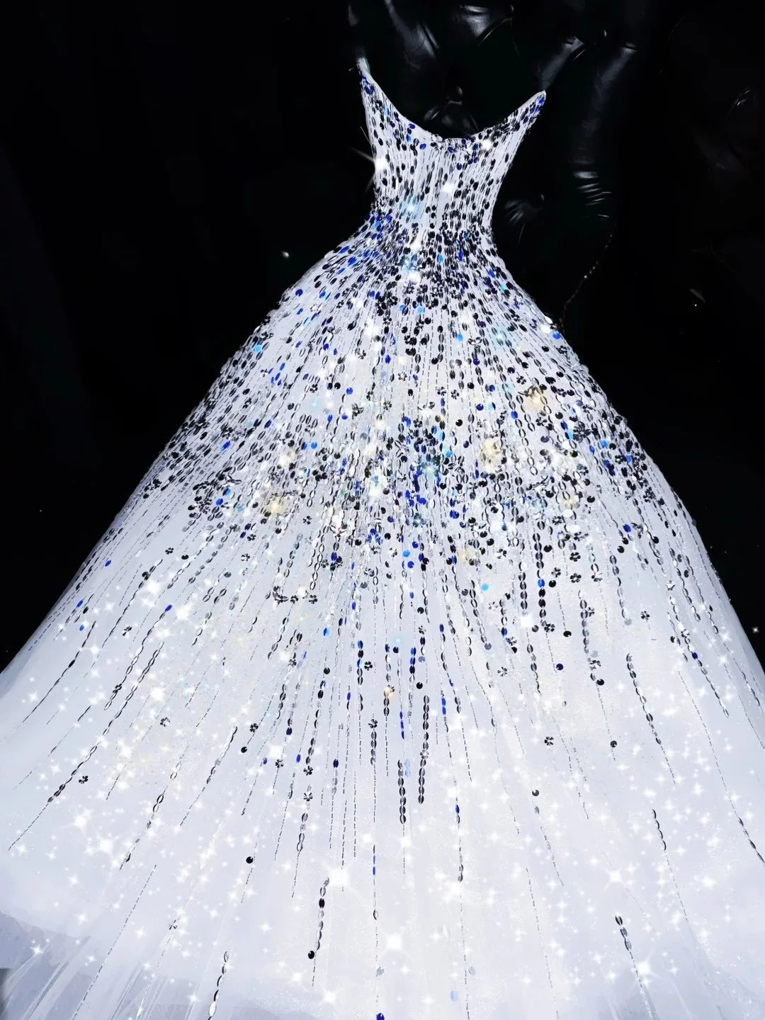 Glitter Strapless White Tulle Sequin Beaded Long Party Dress Evening Dress SP4114