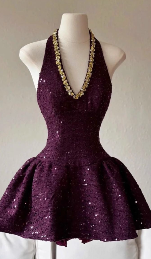 Sexy Purple Halter Sequin Beaded A Line Cocktail Dress V Neck Short Homecoming Dress Y9240