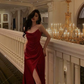 Simple A-line Straps Sleeveless Satin Red Prom Dress Long Prom Dress Y6037