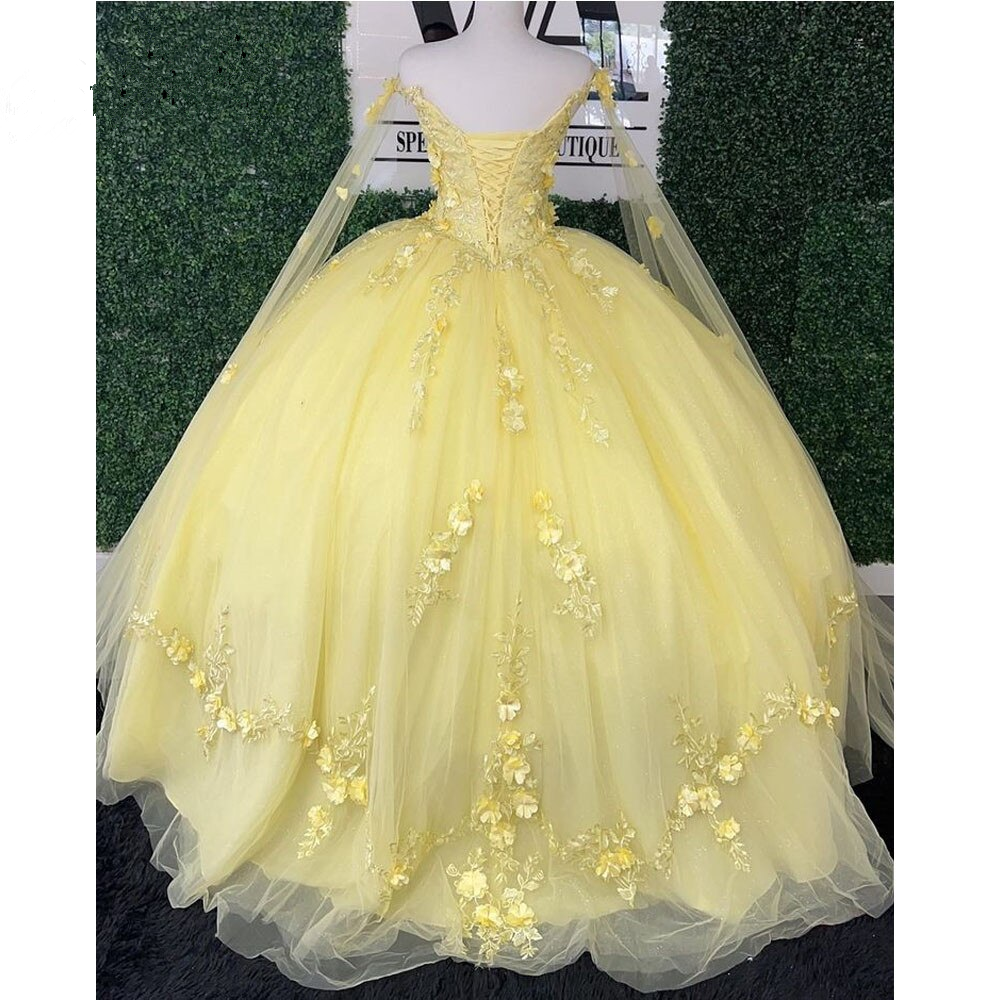 Glitter Yellow Quinceanera Dresses Spaghetti Strap With Wrap Sweet 15 Ball Gowns 3D Flower Bead  Y4050