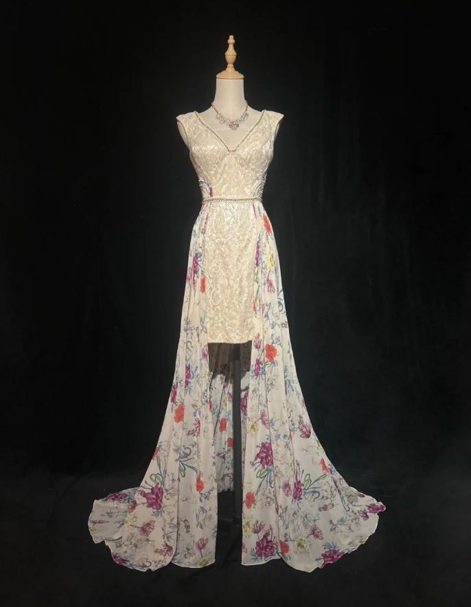 Classy V Neck Sleeveless Lace Chiffon Mermaid Long Evening Dress Prom Dress With Beads SP1782