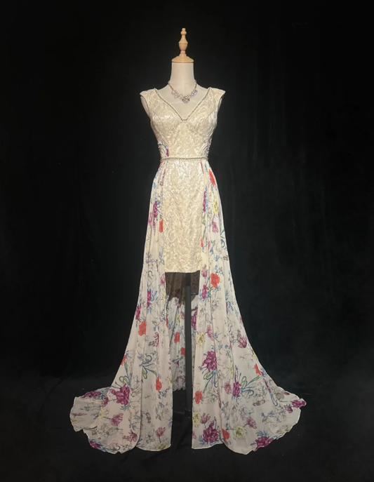 Classy V Neck Sleeveless Lace Chiffon Mermaid Long Evening Dress Prom Dress With Beads SP1782