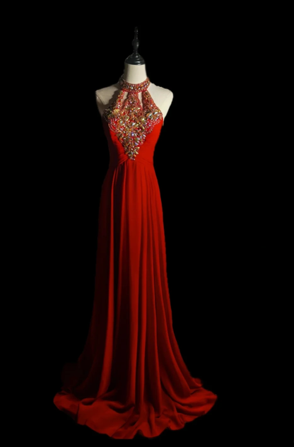 Glamorous Red Halter Chiffon Beaded Formal Wedding Guest Dress Mermaid Long Party Dress SP514