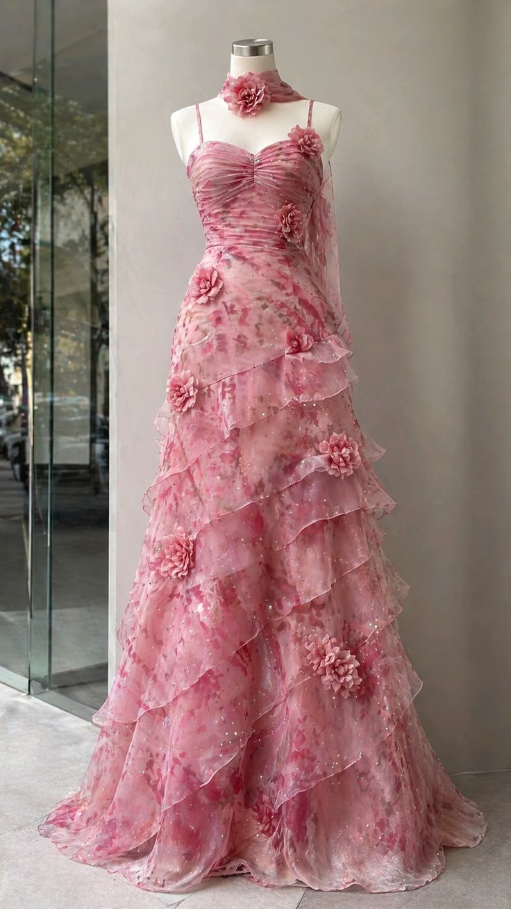 Pretty Pink Spaghetti Straps Chiffon Print Floral Layered Long Prom Dress Evening Gown With Scarf SP2442