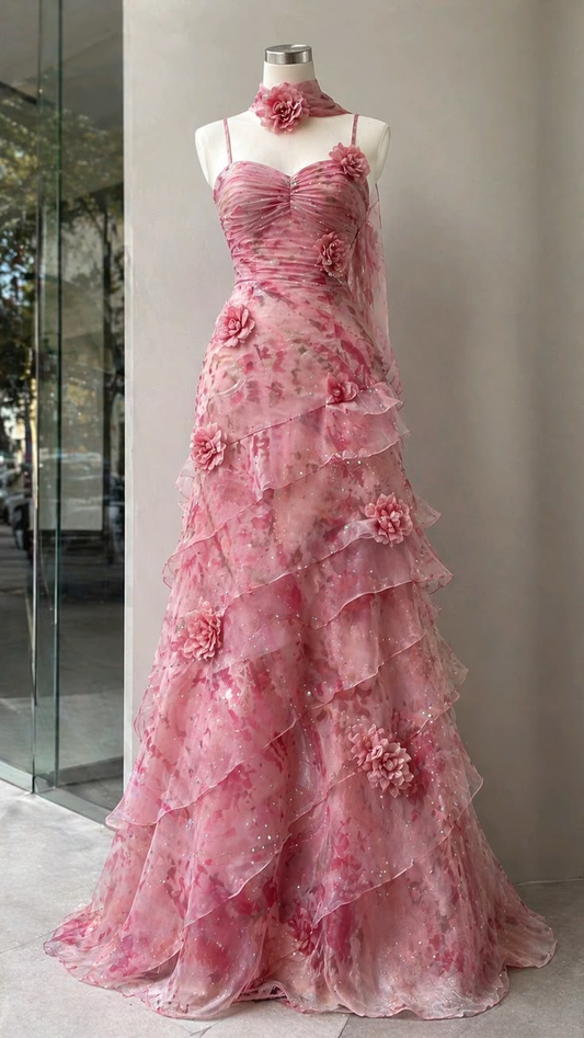 Pretty Pink Spaghetti Straps Chiffon Print Floral Layered Long Prom Dress Evening Gown With Scarf SP2442
