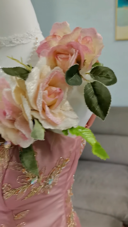 Beautiful Peach Pink Embroidered Floral Satin A Line Long Party Dress Birthday Dress With 3D Flowers SP2329