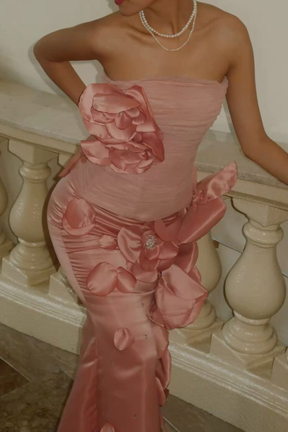 Elegant Pink Strapless Tulle Satin 3D Flowers Mermaid Party Dress Long Birthday Prom Gown SP1092