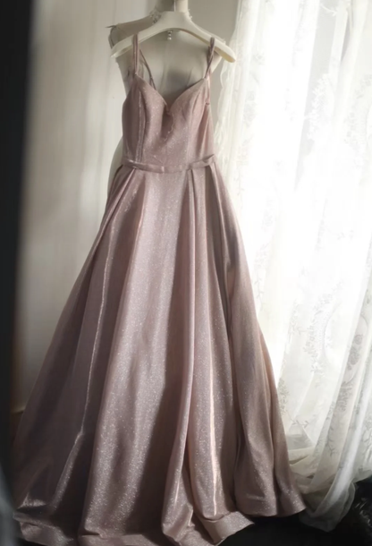 Classy Spaghetti Straps Pink Satin Sequin Long Evening Dress Birthday Outfits SP1210