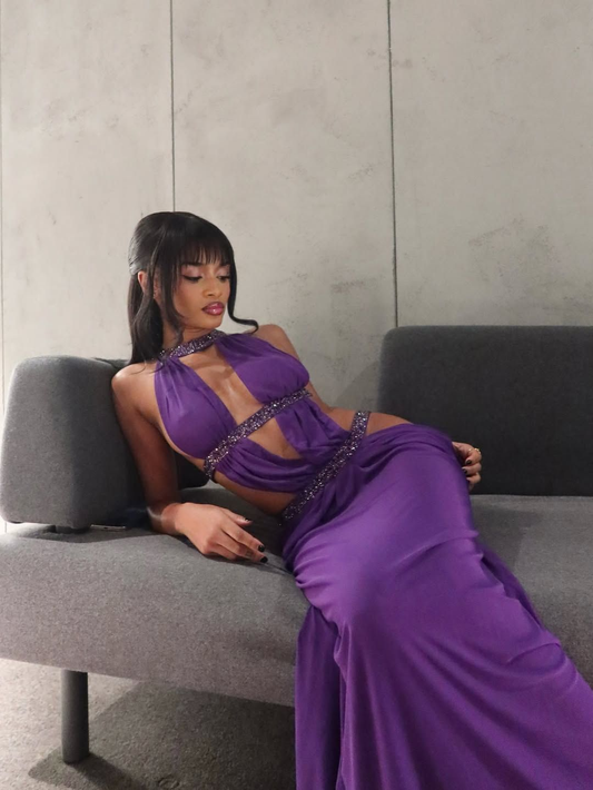 Sexy Halter Purple Satin Beaded Mermaid Long Party Dress Formal Birthday Prom Gowns SP1341