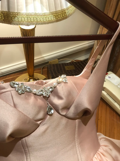 Elegant Spaghetti Straps Pink Satin Tulle Layered A Line Short 8th Grade Homecoming Dress Cocktail Dress SP2368