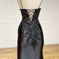 Black Floral Lace V-Neck Long Prom Dress with Slit Y2618