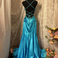 Elegant Blue Spaghetti Straps Satin Beaded Mermaid Long Evening Dress Formal Wedding Guest Dress SP1383