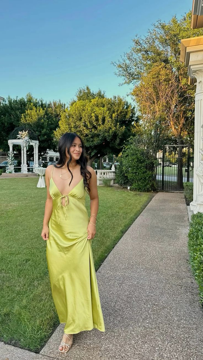Simple Spaghetti Straps V Neck Satin Long Party Dress Prom Gown Yellow Green Wedding Guest Dress SP2321