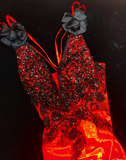 Retro Red Sleeveless Satin Lace Beaded Mermaid Prom Dress Evening Gown SP608