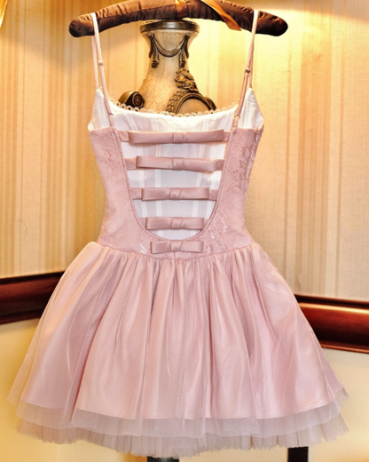 Elegant Spaghetti Straps Tulle Lace A Line Short Birthday Dress,Pink Short Graduation Homecoming Dress SP3211