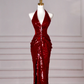 Sexy Burgundy Sequins Halter V Neck Evening Dress,Backless Mermaid Evening Dress Y8628