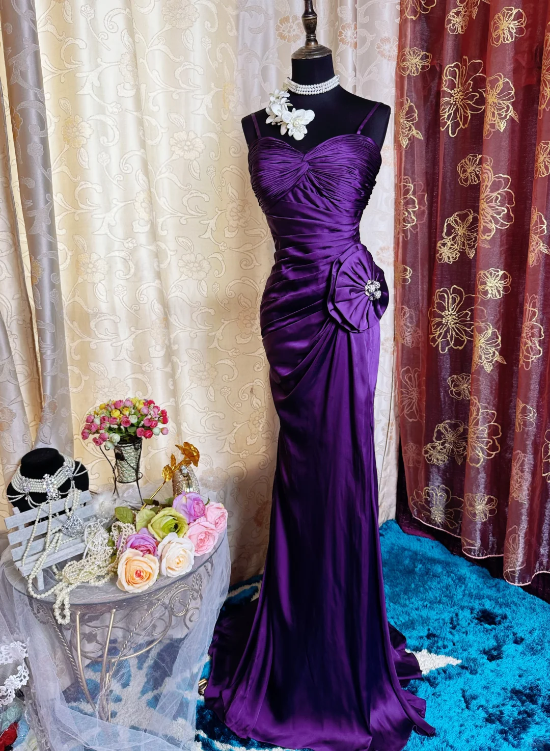 Sexy Spaghetti Straps Satin Pleated Slit Long Prom Dress Purple Mermaid Evening Gown SP2384