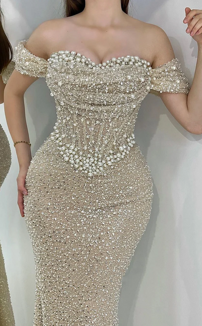 Elegant Light Champagne Mermaid Party Dress Off The Shoulder Beaded Long Evening Gowns SP4197