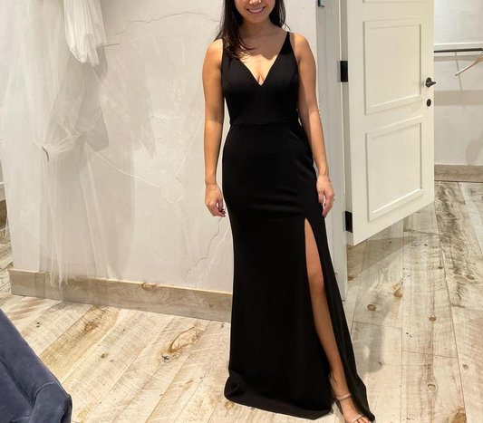Classy V Neck Black Sleeveless Satin Prom Dress,Side Slit Party Evening Dress Y8456
