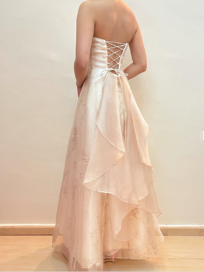 Beautiful Gold Floral Tulle Prom Dress,Glitter A Line Strapless Evening Gown Y8138