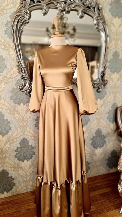 A-line Satin Long Sleeves Formal Dress Fashion Prom Dress Y5516