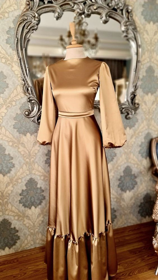 A-line Satin Long Sleeves Formal Dress Fashion Prom Dress Y5516