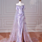 Glitter Lilac Sequin Tulle Beaded Mermaid Slit Evening Dress,Off The Shoulder Tulle Appliques Prom Dress Y8632