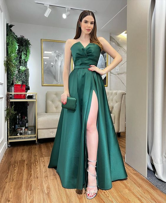 Cute A Line Green Long Prom Dresses with Slit Y5373