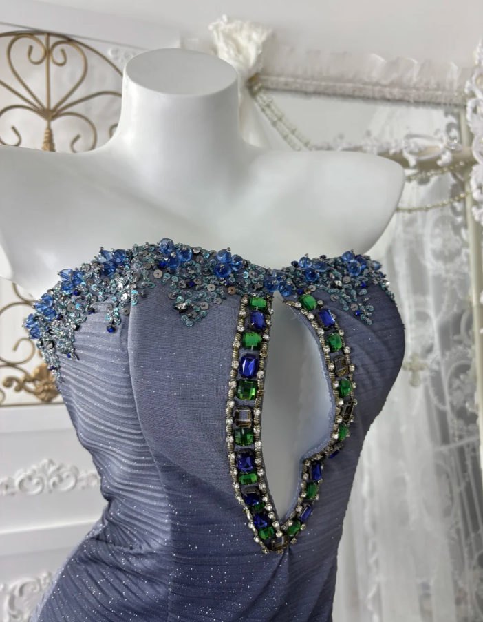 Shiny Strapless Navy Blue Tulle Sequin Beaded Mermaid Party Dress Long Wedding Guest Dress SP1442