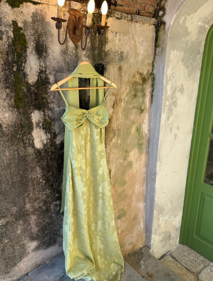 Classy Spaghetti Straps Satin Print Floral Long Evening Dress Mint Green Birthday Outfits With Scarf SP834